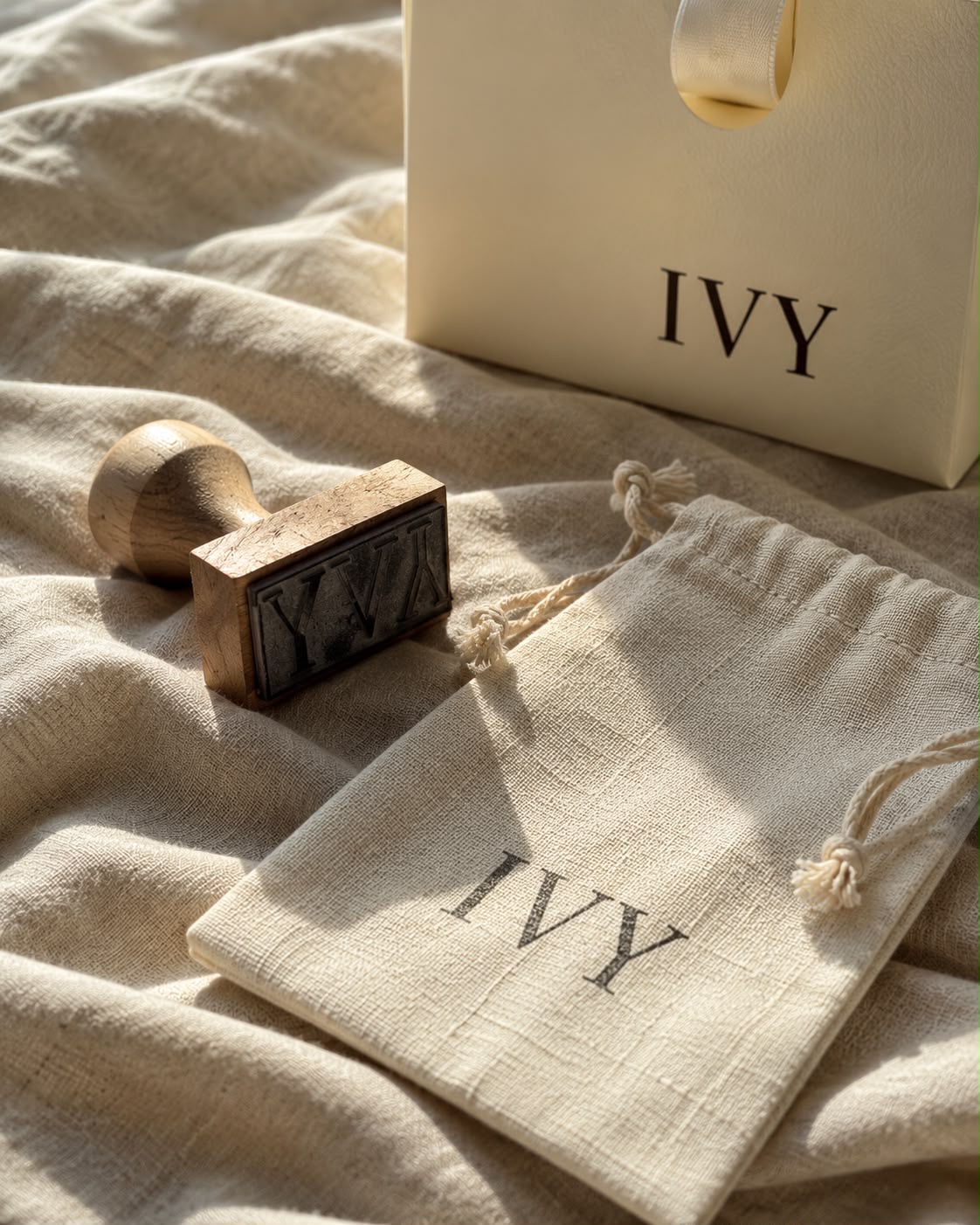 IVY fabric pouches, gift bag and wooden stamp
